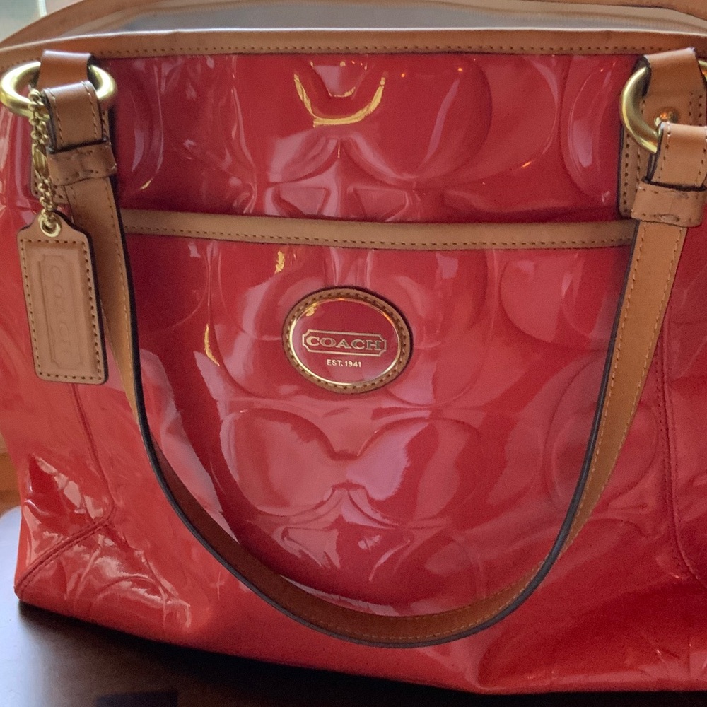 Coach Orange Patent Leather Tote Bag